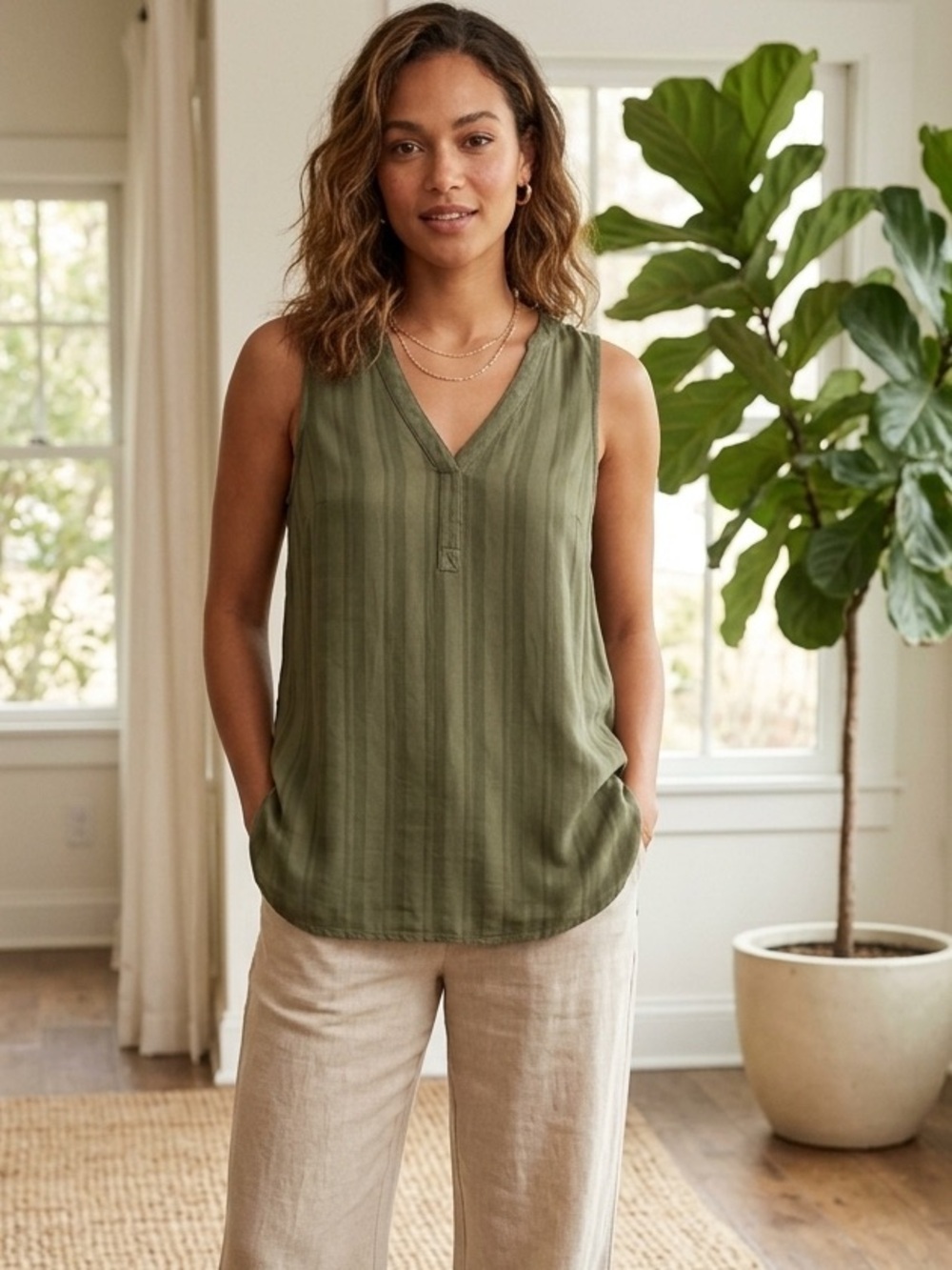 Maeve by Anthropologie Medium Olive Green  Colonsay V-Neck Sleeveless Tunic